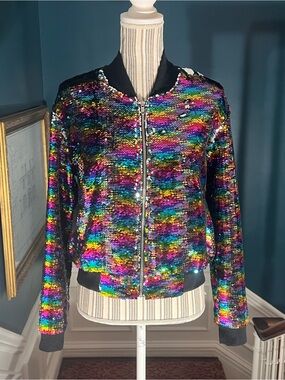 Multicolor Sequin Bomber Jacket - Women Lularoe small silver zip j427